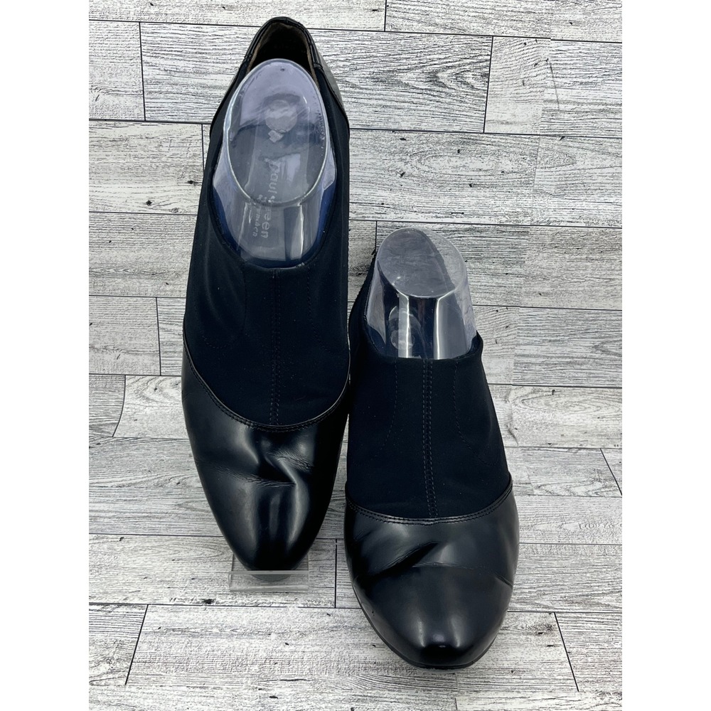 Paul Green Black Leather Fabric Block Heel Ankle Booties Women Sz 10 US 7.5 EU